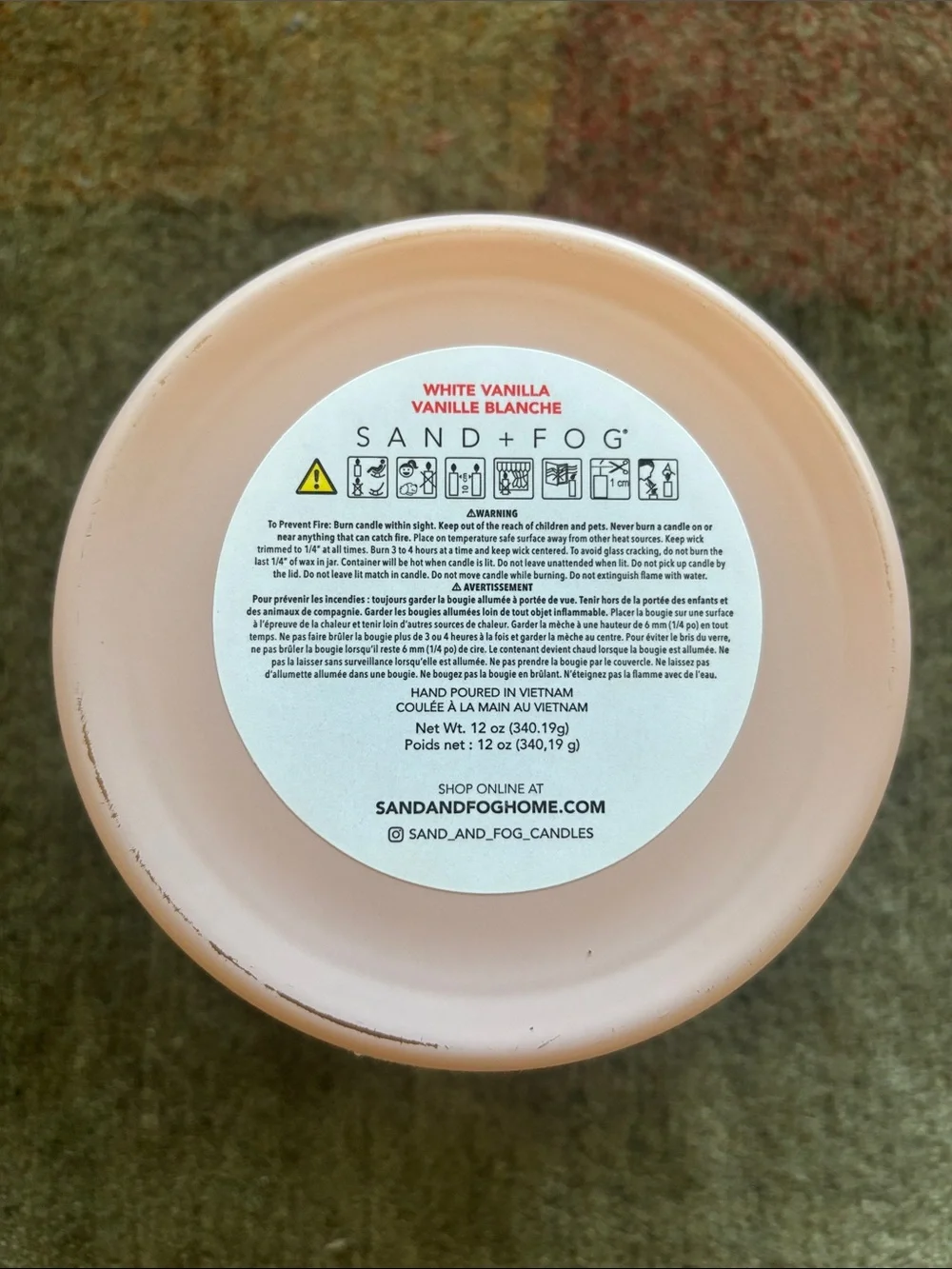 NWT - Sand + Fog White Vanilla Scented Candle - Net Wt 12 Oz